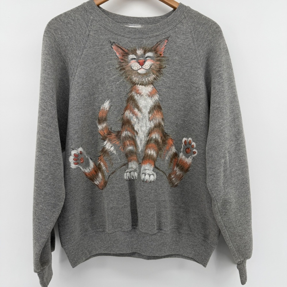 Vintage Jerzees Gray Cat Graphic Sweatshirt Made in USA Large Raglan Crewneck